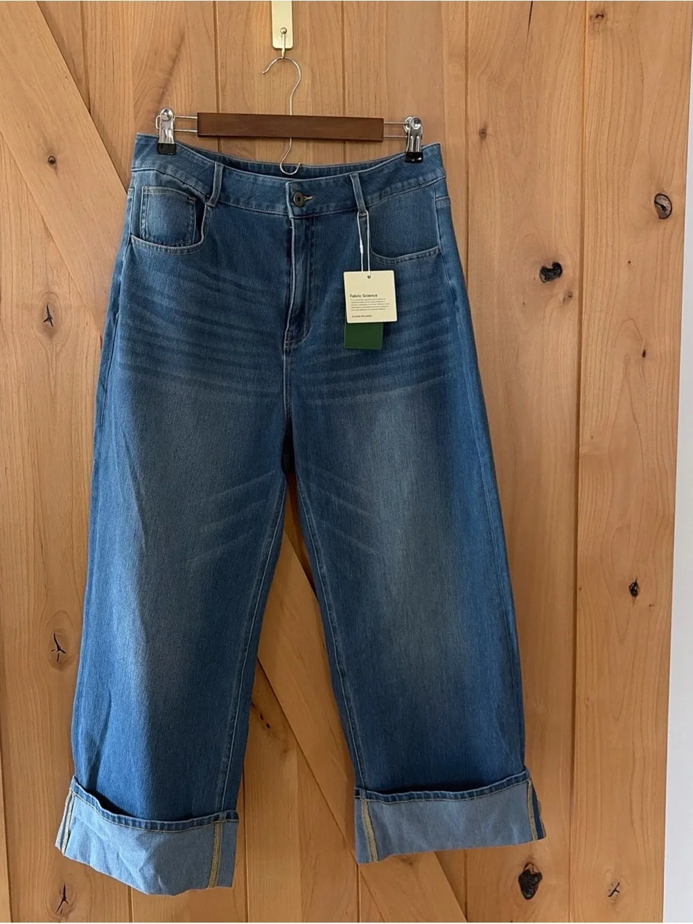 HALARA Flex High Rise Wide Leg Cropped Cuffed Stretch Blue Denim Jeans P L NWT - Picture 2 of 11
